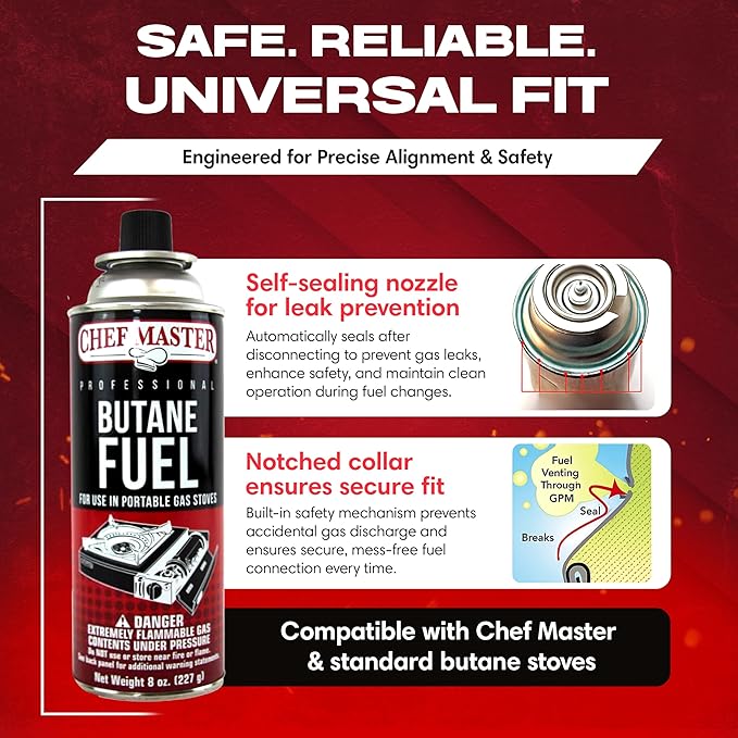 Chef Master 4x 8oz Butane Fuel Canister - Butane Refill for Kitchen Torch & Camp Stove - Gas Canister for Picnics, Outdoor Cooking, Grilling - Camping Stove, Torch Fuel Camping Essentials - 90340