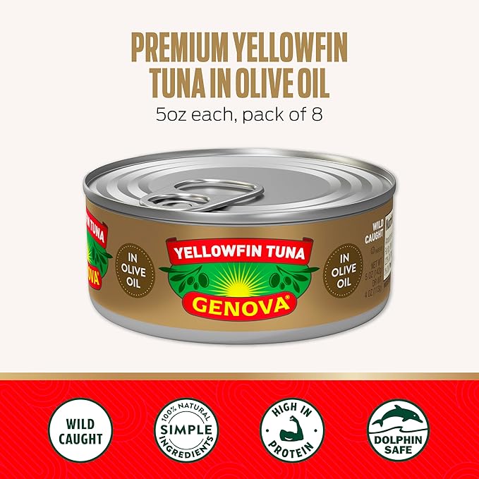 Genova Premium Yellowfin Tuna in Olive Oil, 5 Ounce Cans, 12-Pack ??Nutrient Rich, High Protein Canned Tuna Fish - Delicious, Easy, Nutritious Ready to Eat Meals