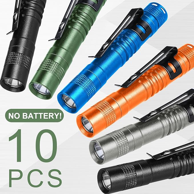 Hortsun 10 Pcs Mini Flashlight Bulk LED Pen with Pocket Small Flashlight with Clip for Outdoor Father's Day Gift for Men(3.54 Inch,Black, Green, Grey, Blue, Orange)