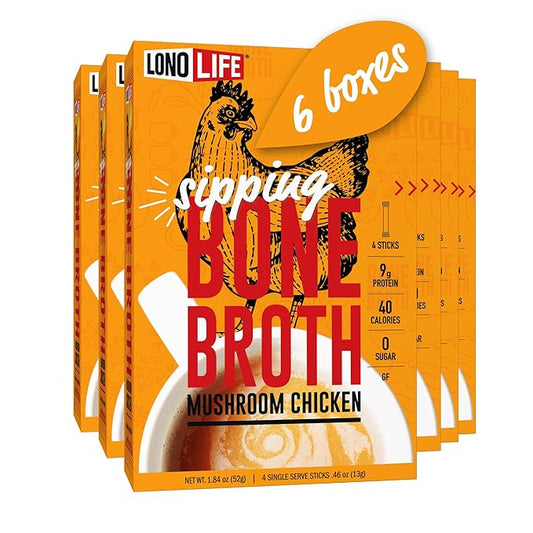 LonoLife Mushroom Chicken Bone Broth Powder Mix | 10g Protein | Collagen-Rich, Keto & Paleo Friendly | Natural Ingredients | 24 Portable Stick Pack Servings