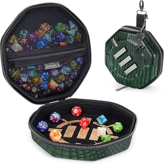 ENHANCE DND Dice Tray and Case - Collector's Edition DND Dice Holder up to 150 D&D Shakers with Hard Shell Exterior and Protective Soft Interior - Rolling Tray Perfect for Game Night (Dragon Green)