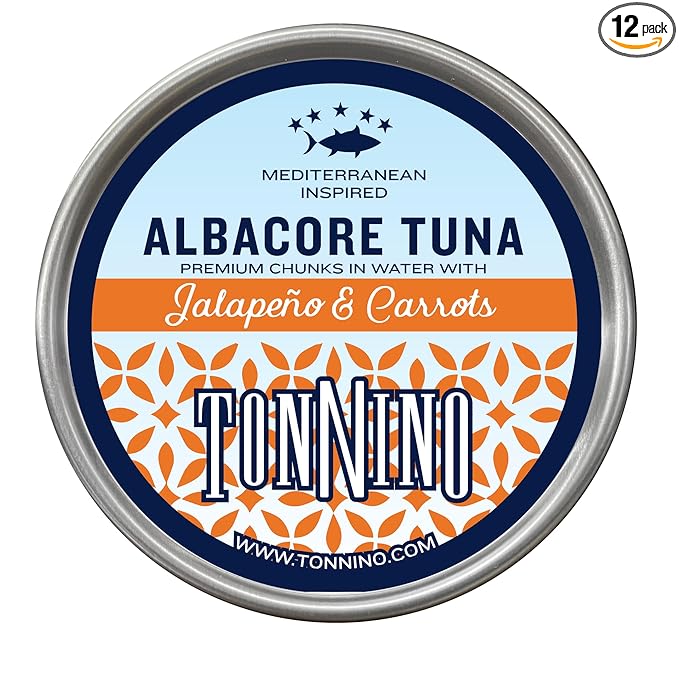 Tonnino Tuna Fish Albacore - Premium chunk in water with Jalapeño & Carrots ??Pack of 12 ??Alternative to Salmon ??Protein Snacks ??Ready to Eat Meals in can