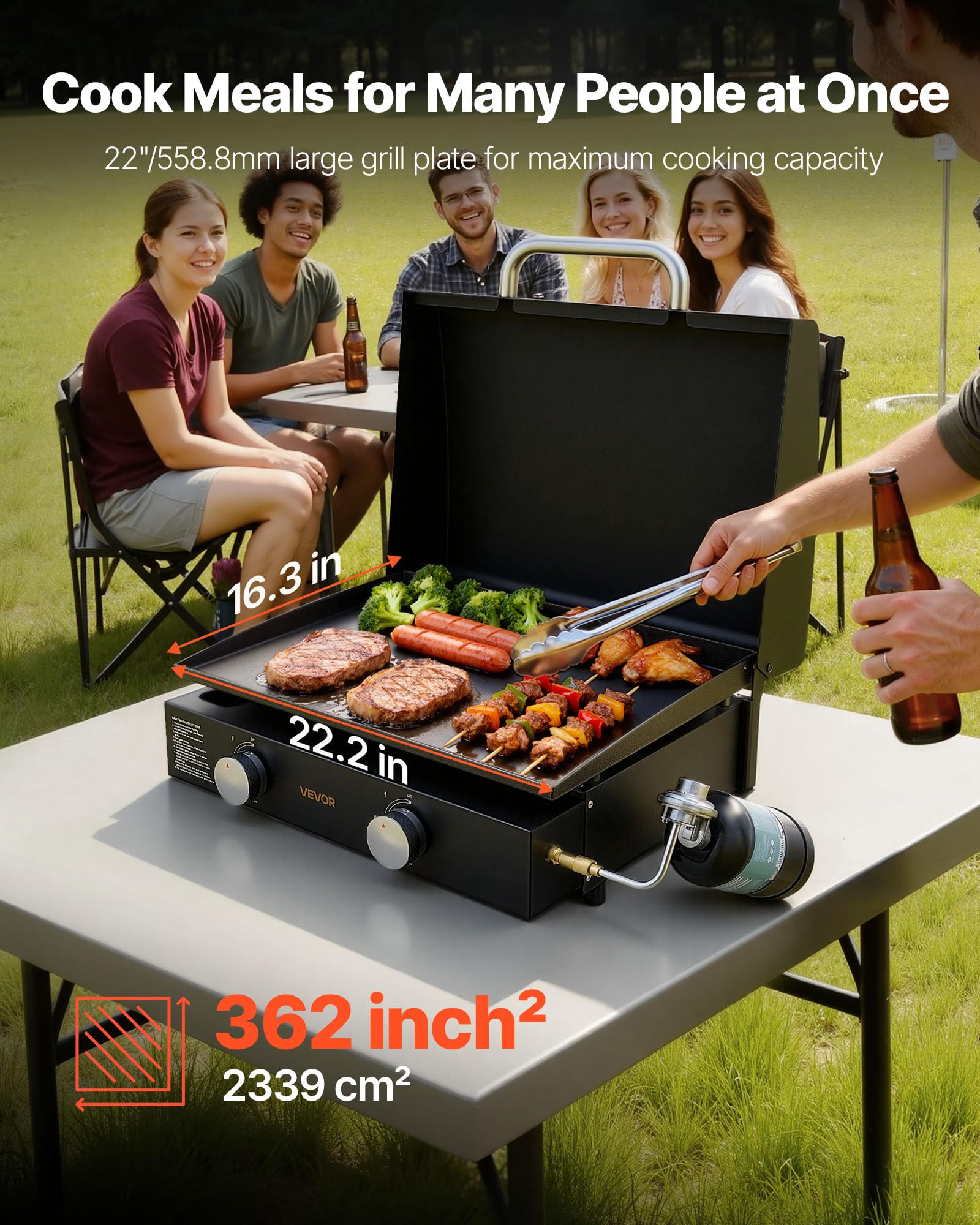 VEVOR Gas Griddle, 2 Burner Tabletop Griddle, 22 inch Portable Griddles Propane with Lid, Oil Drain