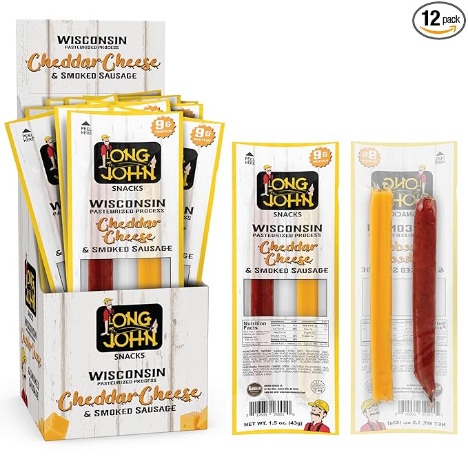 Long John Snacks Meat and Cheese Sticks - Original Smoked Sausage & Real Wisconsin Cheddar Cheese Stick - High Protein Snacks Made from Premium USA Pork & Beef - Low Carb, Keto Snack - 12 Pack
