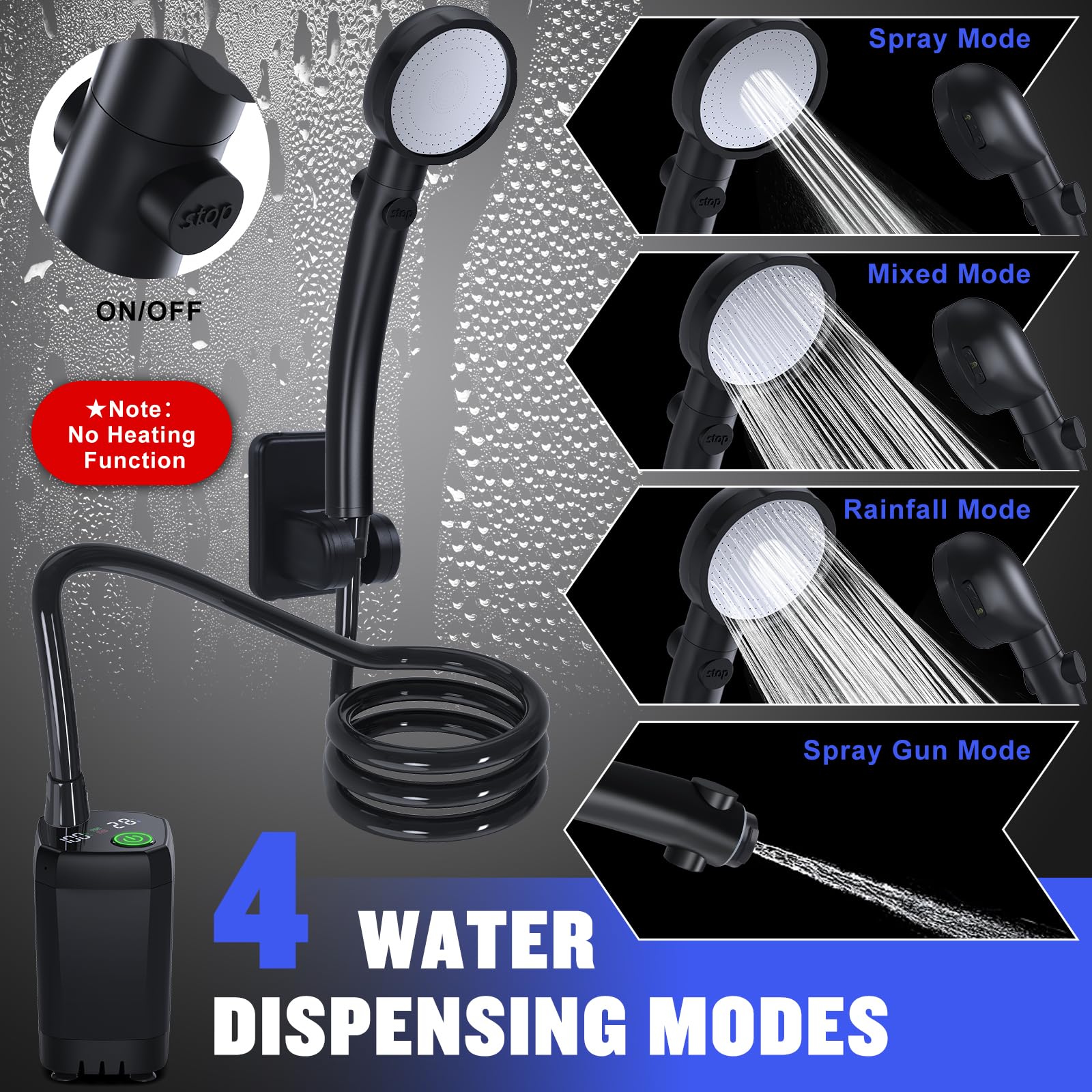 Spopal Portable Shower for Camping, [Long-Lasting] 6000mAh Rechargeable(Bk)