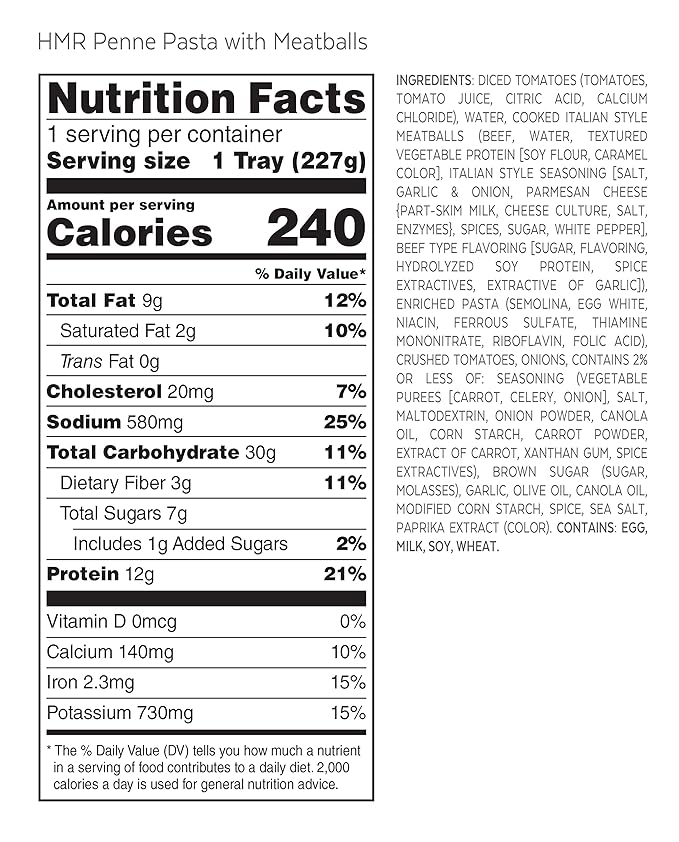 HMR Penne Pasta with Meatballs Entrée | Pre-packaged Lunch or Dinner to Support Healthy Eating | Ready to Eat | 12g of Protein | Low Calorie Food | 8oz Serving per Meal | Pack of 6