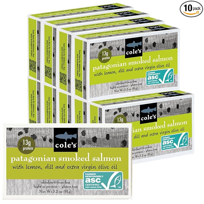Cole's Patagonian Smoked Salmon Fillet w/Lemon & Dill in Extra Virgin Olive Oil | 3.2 oz Hand-Packed Smoked Salmon Canned | 13g Protein | pack of 10