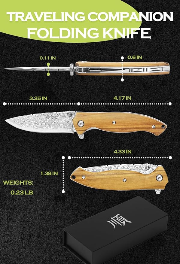 YOUSUNLONG Folding Knife Overall 191mm Pocket Knife - Hammered Damascus Steel Blade - Natural Italian Olive Wood Handle