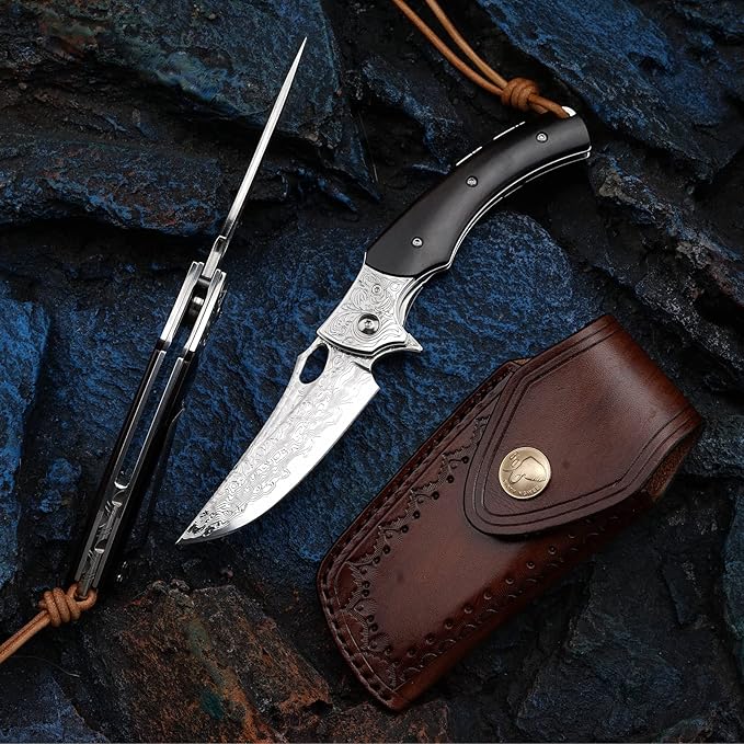 3.5 inch Japanese VG10 Damascus Steel Outdoor Folding Knife with Black Wood Handle, Lined Lock, EDC & Camping Use