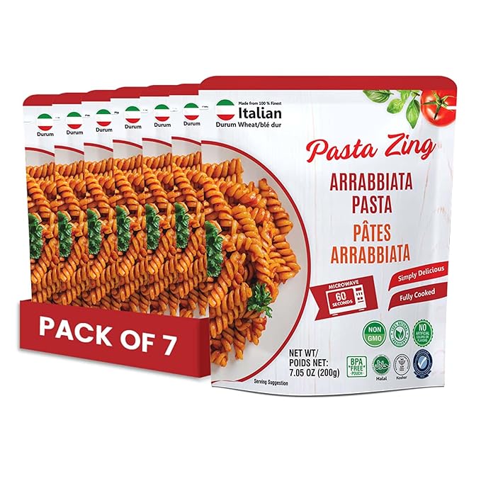 Pasta Zing Microwavable Arrabbiata Pasta, Pack of 7, 7.05 Ounce | Ready To Eat in 60 Sec | Made with 100% Italian Durum Wheat | Natural Ingredients | Spicy & Flavorful | Easy Meal & Side Dish