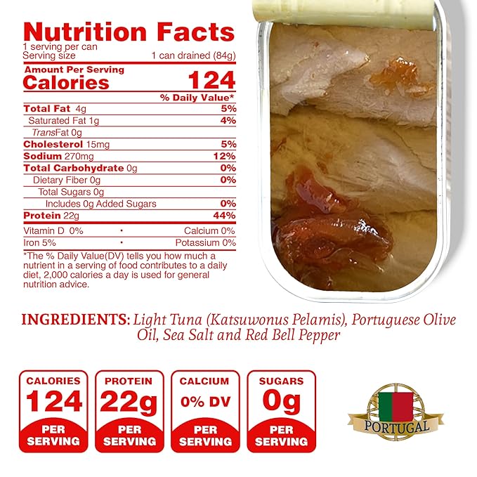 Santo Amaro - Artisanal Wild Tuna Fillets in Olive Oil & Red Bell Pepper, Pole & Line Caught Tuna from Portugal, Hand-Packed Sevilla-Style Canned Tuna Fish, 22g Protein, Keto, Low Mercury, Pack of 3