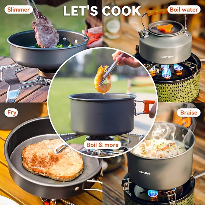 Onlyfire 15pcs Camping Cookware Mess Kit, Non-Stick Lightweight Pot Pan Kettle Set with Plates Forks Knives Spoons for Camping, Backpacking, Outdoor Cooking and Picnic CT605