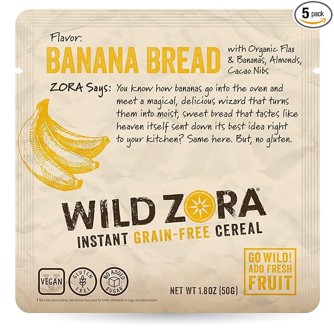 Wild Zora Instant Grain-Free Hot Cereal - Breakfast Cereals, Instant Hot Packets, Sugar, Grain, Dairy, Soy & Gluten Free, Morning Foods - Banana Bread with Bananas, Almonds & Cacao Nibs, 5-Pack, 50g