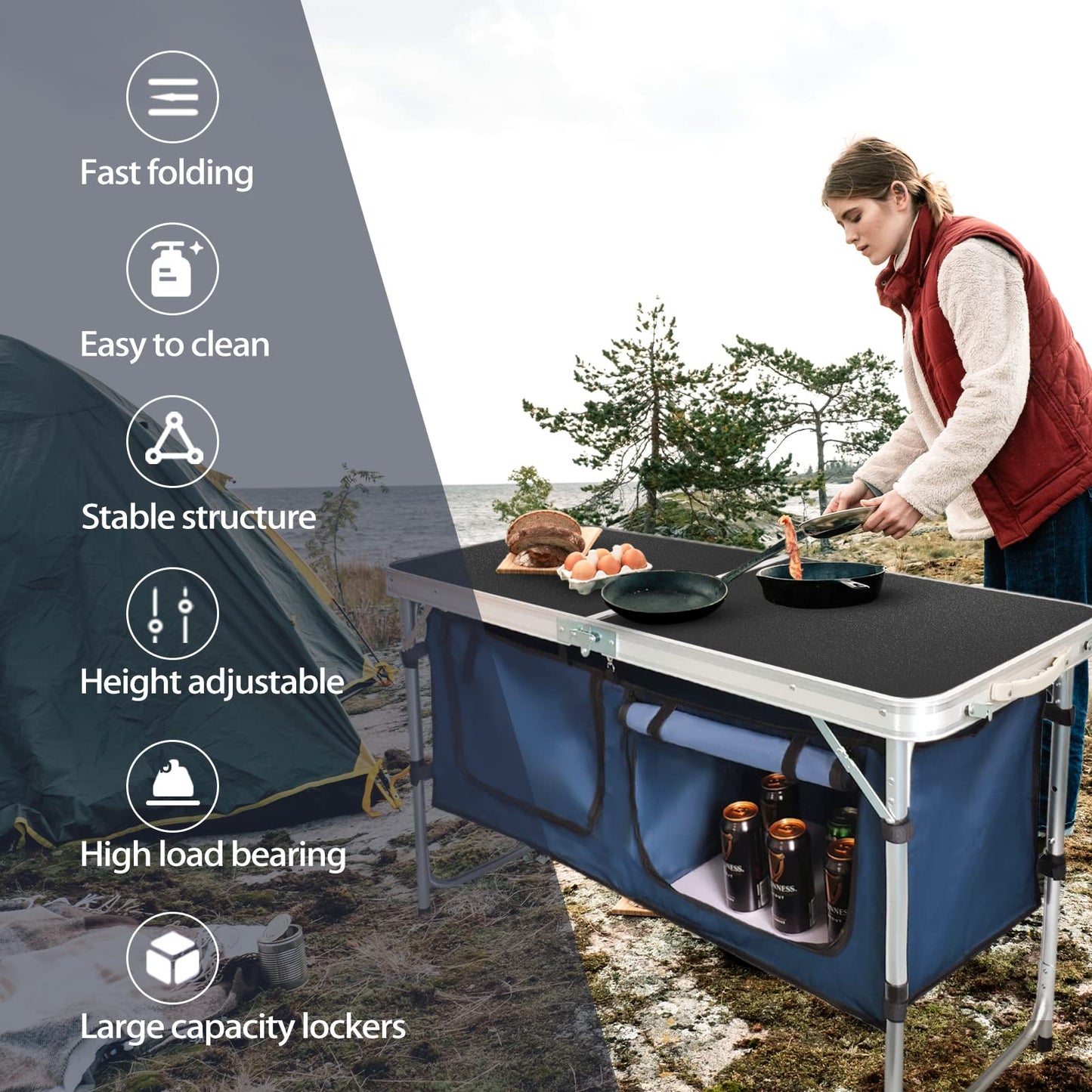 CampLand Outdoor Folding CampingTable with Aluminum Lightweight Height Adjustable with Storage