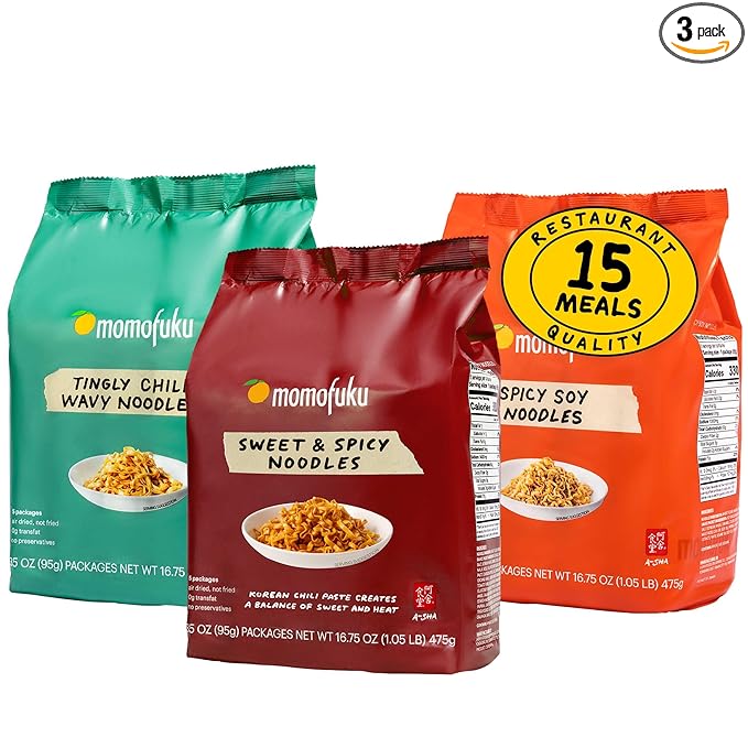 Momofuku Ramen Noodle Spicy Variety Pack by David Chang, 15 Count (Pack of 3) of Air-Dried Vegan Instant Noodles with Spicy Sauce