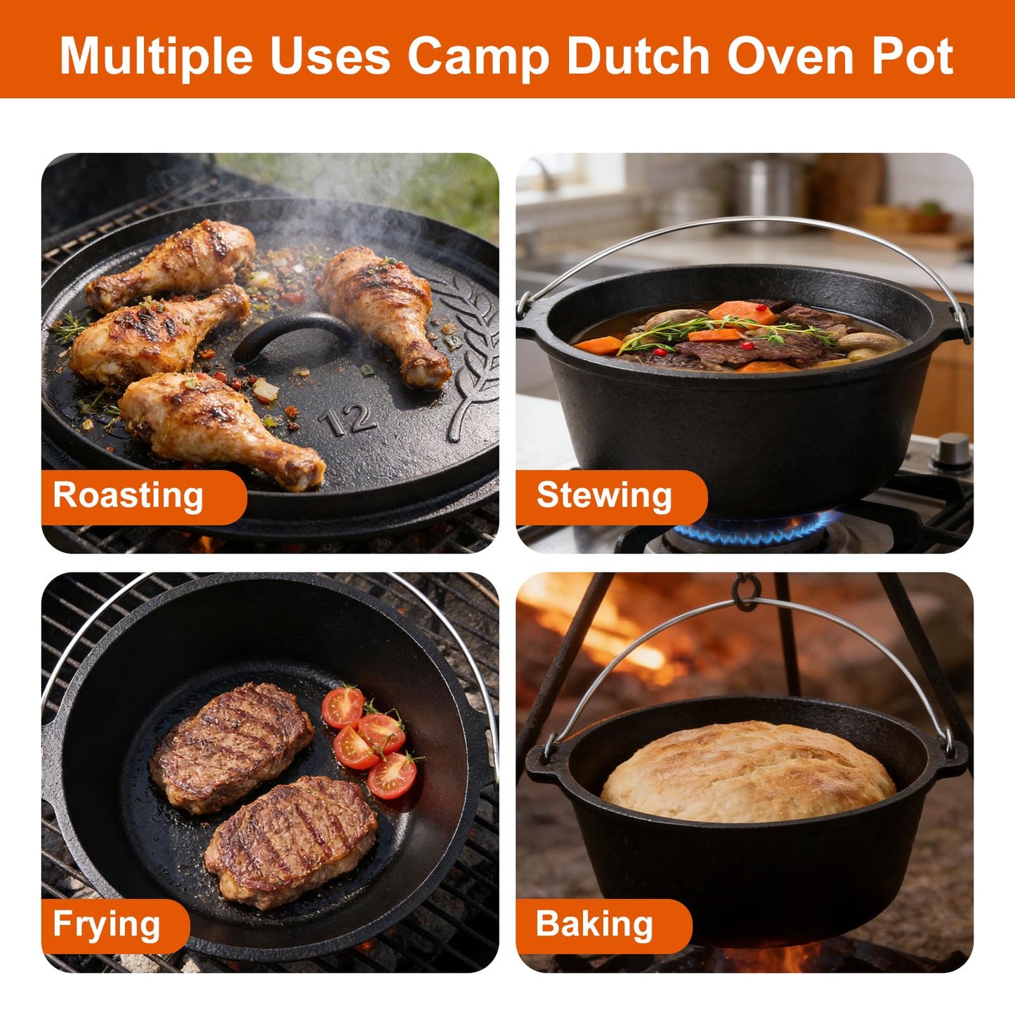 Blingco Pre-Seasoned 8QT Large Cast Iron Camping Dutch Oven Pot with Lid