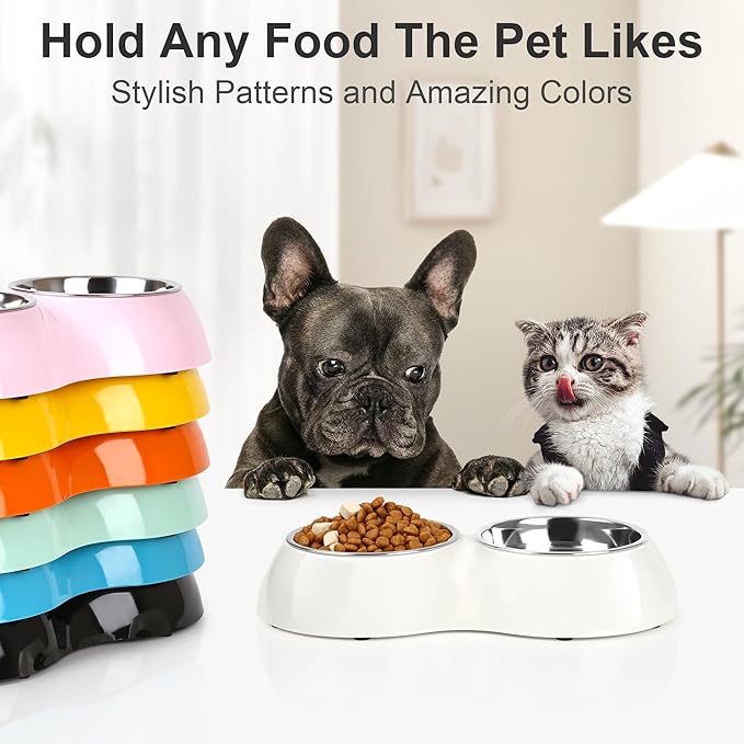 Stainless Steel Dog Bowls Set – Dual Non-Slip Pet Dishes with 2 Small (4oz*2) Bowls & Durable Resin Stand,Food & Water Feeder for Puppies and Kittens– White