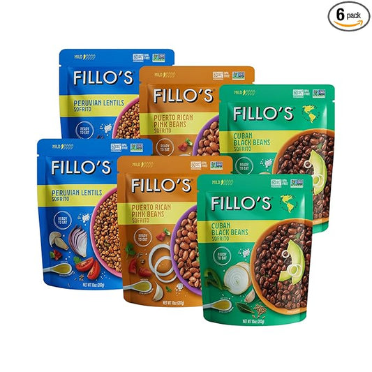 Fillo's Ready to Eat Beans Variety Pack | Black Beans, Lentils, & Pink Beans | Gluten-Free, Preservative-Free, Microwavable Meals, Non-GMO, Vegan, Plant Protein, 10 oz Pk of 6