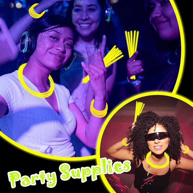 100 pk 8" Yellow Glow Sticks Bulk Party Favors, Light up Glow Necklaces & Bracelets in the Dark Party Supplies For Christmas Halloween Birthday Neon Party (100 * Yellow)