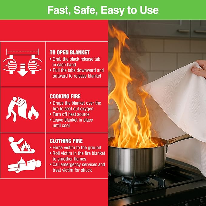 Emergency Fire Blanket - ASTM Certified Fire Suppression Blanket for Home, Kitchen, Grill, Camping, Car & More - 40" x 40" Flame Retardant Fabric, No Mess, Easy Deployment