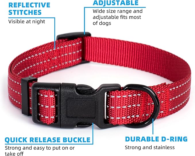 Mile High Life Dog Collar | Nylon Reflective Dog Collars | Light Weight Puppy Collars | Red Dog Collars for Large Dogs (Solid Red, Large)