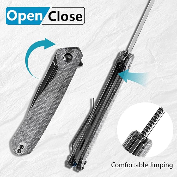 KANSEPT Qilin Pocket Knife, 3.24'' Blackwash 154CM Sharp Blade, Black Micarta Handle for Edc, Flipper and Liner Lock with Double-Sided Clip, Men Camping Survival Folding Knives T1047A1