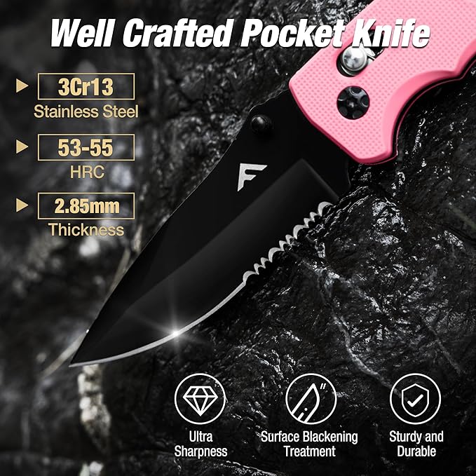 FLISSA Folding Pocket Knife with Clip, Glass Breaker and Seatbelt Cutter, Survival Knife for Emergency Rescue Situations, EDC Knife for Tactical, Hunting, Camping, Outdoor, Unique Gifts for Dad, Father-Pink