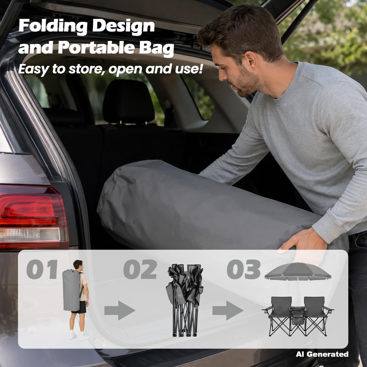 DOALBUN Folding Double Camping Chair with Umbrella Portable Picnic Chair