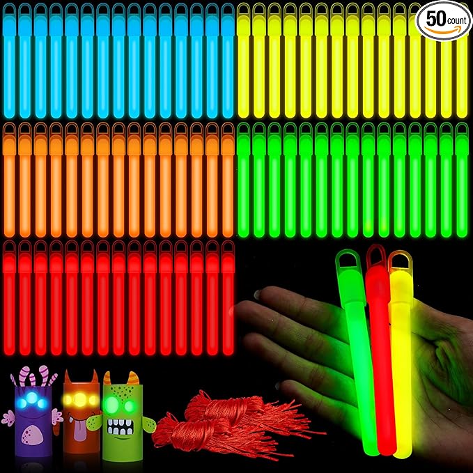 Lewtemi 50 Set 4'' Glow Sticks Bulk, Hallowee Glow in The Dark Party Supplies, Emergency Light Sticks with Lanyard, for Birthday, Light up, Neon, Halloween Theme Party Favors