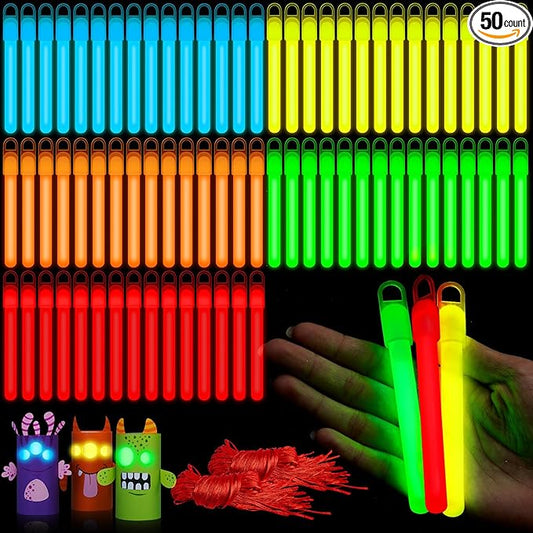 Lewtemi 50 Set 4'' Glow Sticks Bulk, Hallowee Glow in The Dark Party Supplies, Emergency Light Sticks with Lanyard, for Birthday, Light up, Neon, Halloween Theme Party Favors