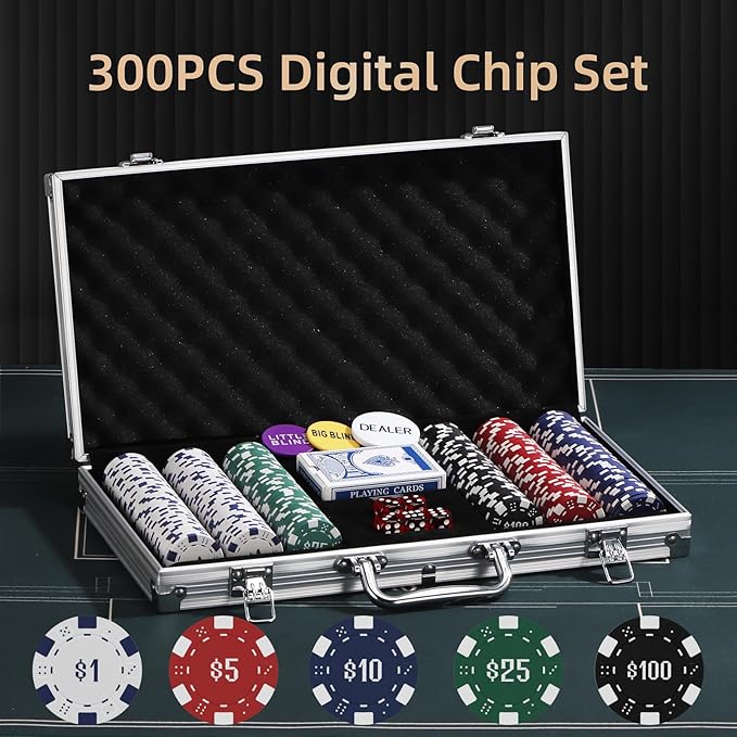 300Pcs Numbered Poker Chips Set for Texas Holdem,Blackjack, Tournaments with Aluminum Case,2 Decks of Cards, Dealer, Small Blind, Big Blind Buttons and 5 Dice,11.5 Gram