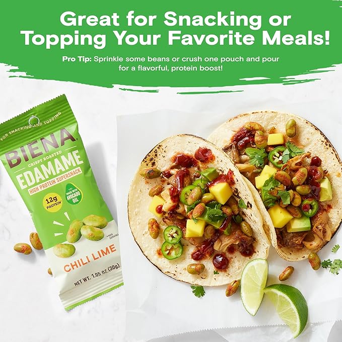 Biena Crispy Roasted Edamame Beans Snack ??High Protein Low Carb Snack for Adults & Kids, 12g Protein per Serving - Made w/Avocado Oil ??Vegan, Gluten-Free ??10-Pack, 1.05oz Bags, Chili Lime