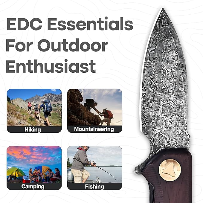 Damascus Pocket Knife with Clip, Damascus Steel Folding Knives for Men Women - EDC Knife with Sheath for Camping, Hiking