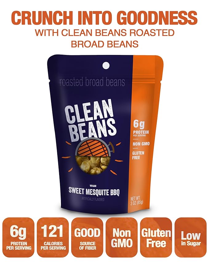 Clean Beans Broad Fava Beans Snack - Sweet Mesquite BBQ Flavor, 6g Protein, Low Sugar, Non-GMO, Non-Gluten - On The Go Office Snack - Nutraphase, 85g x 6-Count