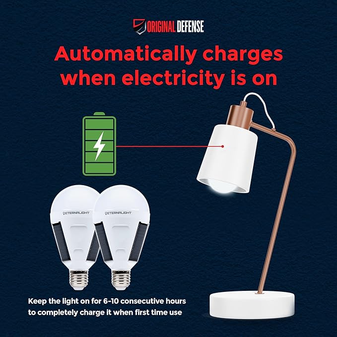Original Defense EternaLight Rechargeable LED Bulbs (8 Count) - Emergency Light Bulbs with Battery Backup for Power Outages, Home, Camping, and Outdoor Activities - Solar Powered