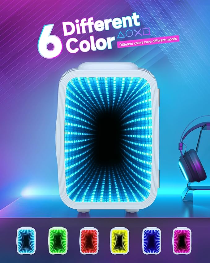 Mini Fridge, 4 Liter/6 Cans Small Refrigerator With Dimmable LED Light,AC/DC Portable Thermoelectric Cooler and Warmer Gaming mini fridge for Bedroom,Office,Gaming room and Car (White)