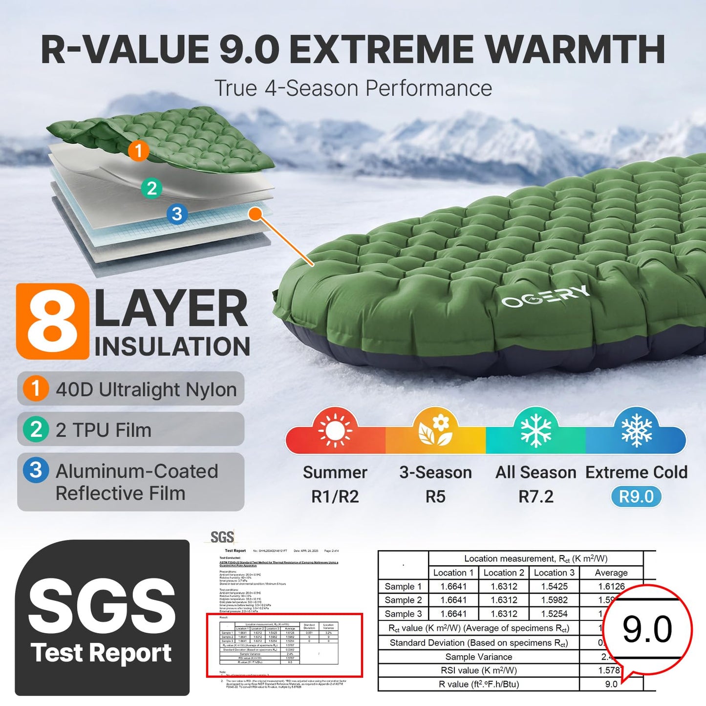 OGERY Sleeping Pad for Camping, R-Value 9.0 Insulated Sleeping Pad