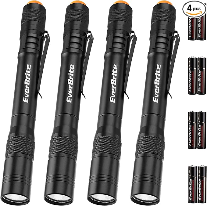 EverBrite Pen Light, 100LM Pocket Flashlights, Aluminum LED Pen Flashlights with Clip, 8 AAA Batteries Included, Pocket Flashlight for Camping, Emergency, Mechanic, Pack of 4, Black