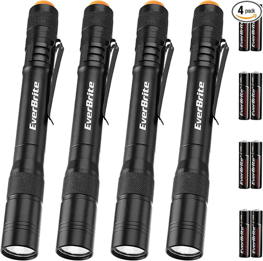 EverBrite Pen Light, 100LM Pocket Flashlights, Aluminum LED Pen Flashlights with Clip, 8 AAA Batteries Included, Pocket Flashlight for Camping, Emergency, Mechanic, Pack of 4, Black