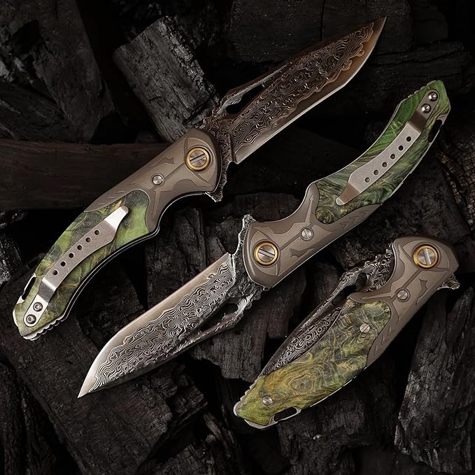 VG10 Damascus Steel Folding Knife, Stable Wood with Leather cover and pocket clip, Outdoor Survival Knife Portable EDC Camping, can be used as a gift