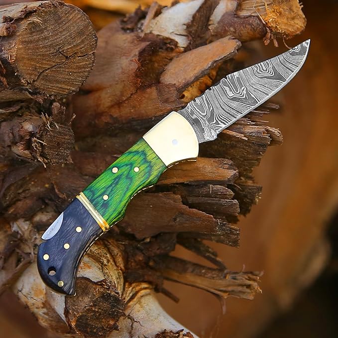 6.5 inch Damascus Pocket Knife with Sheath, Handmade Folding Pocket Knife for Men, Black-Red Wooden Handle with Brass Bolster, Secure Lock Back Camping Knife for EDC,Hunting,Hiking (Green)