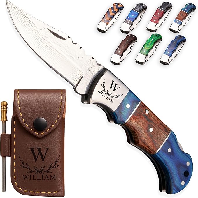 Personalized Folding Knife, Damascus Brown Blue Pocket Knife, Groomsmen Gift, Personalized Gift for Dad, Son, Husband, Boyfriend, Anniversary or Father’s Day Present, Christmas Gift