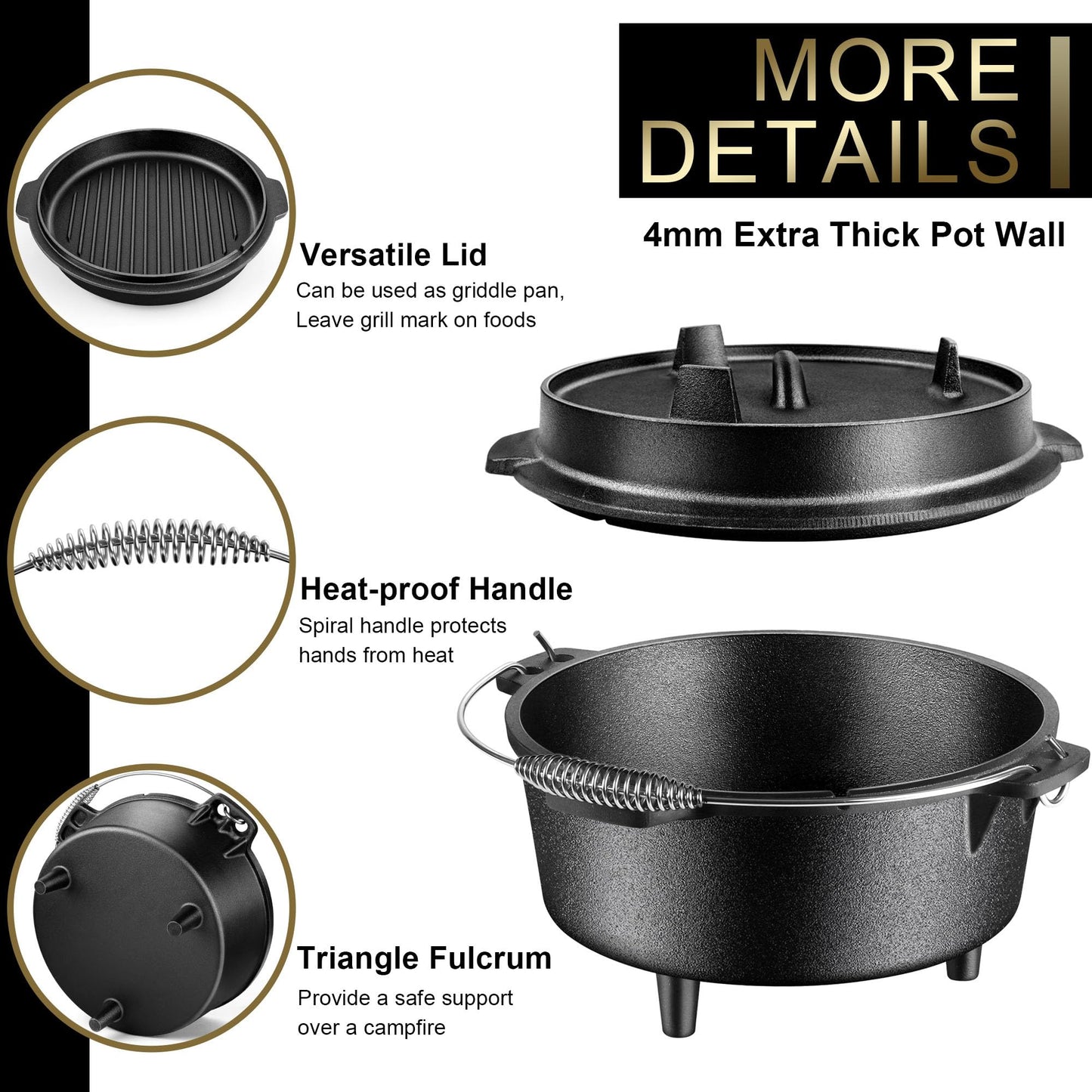 Joyfair Pre-seasoned Cast Iron Camp Dutch Oven with Accessories, 5QT Pot