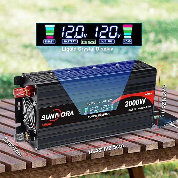 2000 Watt Inverter with LCD Display 12V DC to 110V/120V AC 60HZ Car Power Inverter with 2 AC Outlets & Dual USB Ports for Car RV Truck Camping