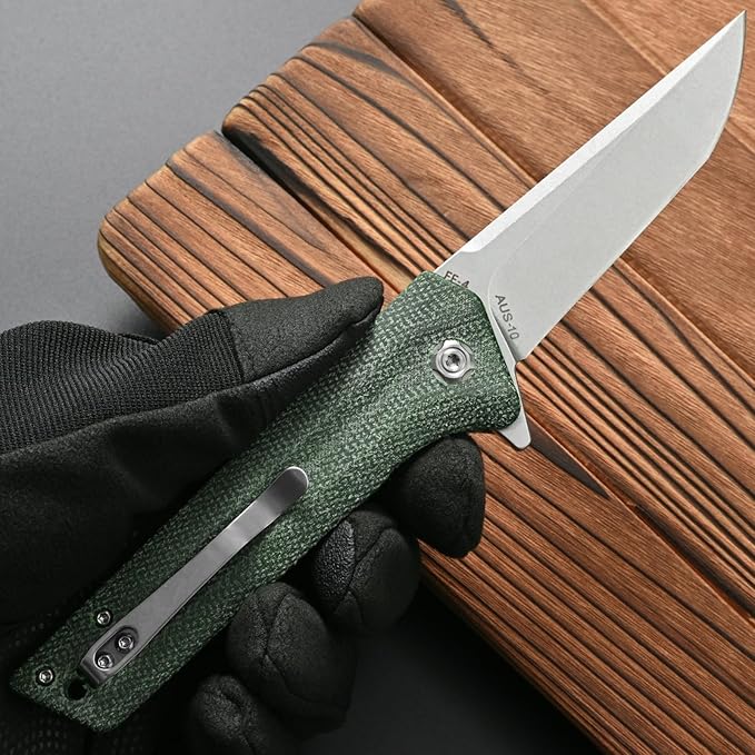 FF4 Folding Knife, AUS-10 Steel Blade Micarta Handle Knife for Outdoor Camping Hunting Fishing Survival(Green)