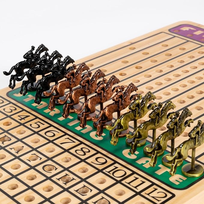 Horse Race Board Game, Horse Racing Game with 11 Luxury Metal Horses, 4 Dice, 2 Boxes of Cards, and Thickened Wood Horse Race Game Board