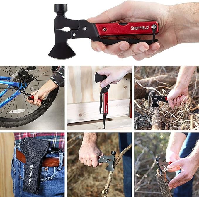 Sheffield 12138 14-in-1 Hatchet Multitool, Camping Hatchet Comes With 1680D Polyester Hatchet Sheath, Alloy Steel Camping Hammer Multitool, Great Hiking Gifts