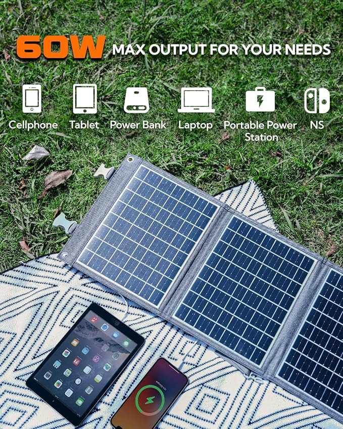 Portable Solar Panel, LUMOPAL 60W Foldable Solar Panel Folding Solar Charger with PD60W USB C QC3.0 USB A DC18-20V Output for Camping Backpacking Compatible with Phone Laptop Portable Power Station