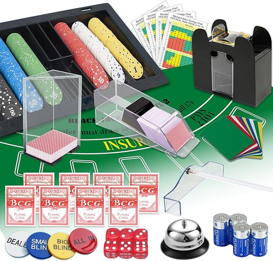 Super Casino Game Set: 6 Deck Shuffler+360pcs Chips+8 Poker Cards+Card Shoe+Chip Rake+Felt+Accessories, Blackjack Set & Texas Holdem Complete Kit, Poker Night Kit for Casino Party Gift