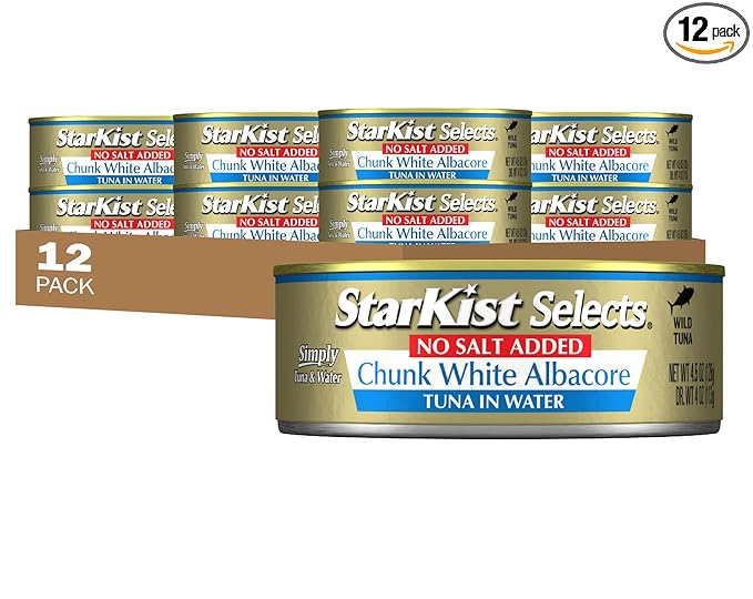 StarKist Selects No Salt Added Chunk White Albacore Tuna in Water, 4.5 oz (12 Pack) Canned Tuna Fish, Wild Caught, Gluten Free, Ready to Eat, Perfect for Salads, Keto Meals & Snacks, 30g Protein